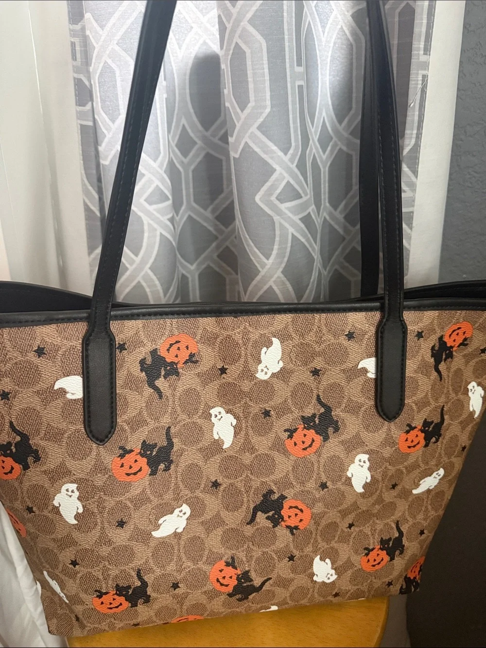 COACH Brown Signature Canvas Tote with Orange, Black & White Halloween Motif